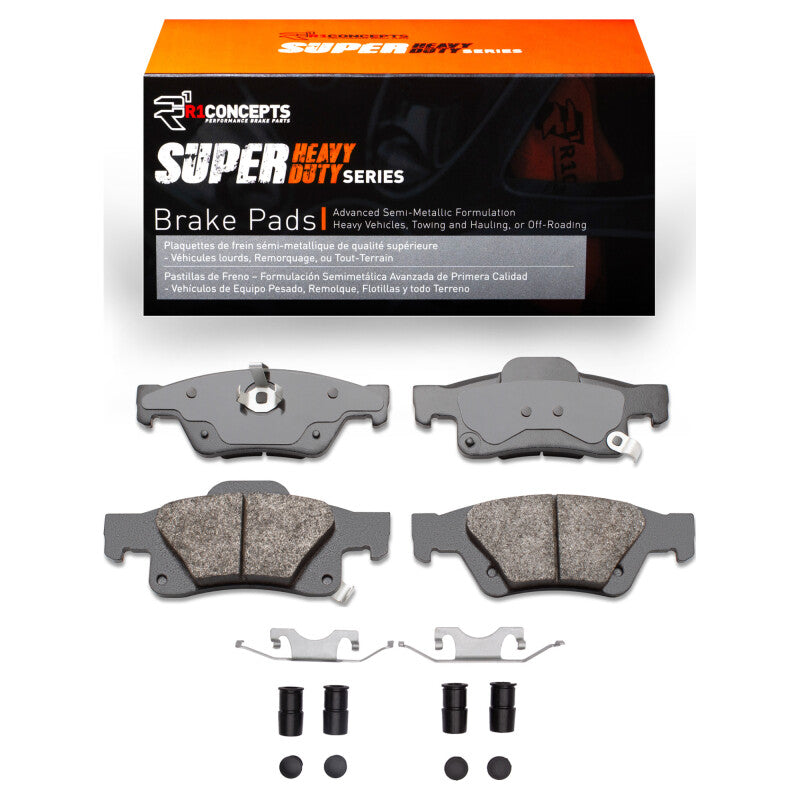 R1 Concepts Dodge Durango rear brake pads and hardware kit, performance R1 Super Duty pads installed on the vehicle.
