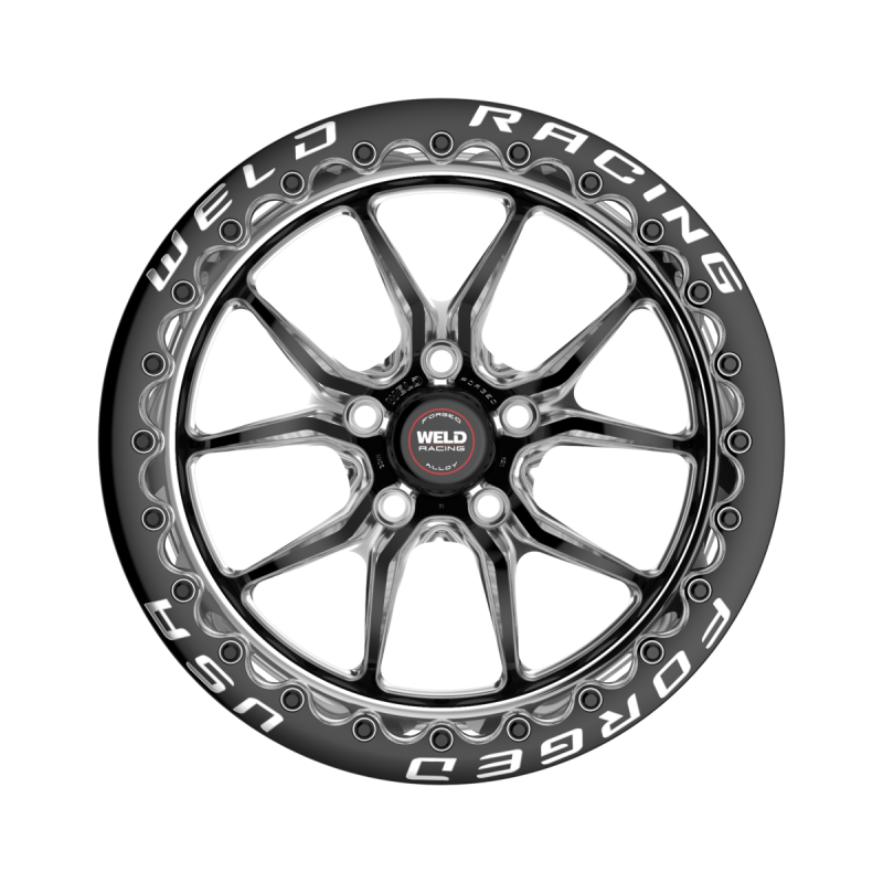 Weld S85 Beadlock forged wheel with black center and polished shell, 15x9 inches, 5x114.3 bolt pattern, black SBL MT wheel.