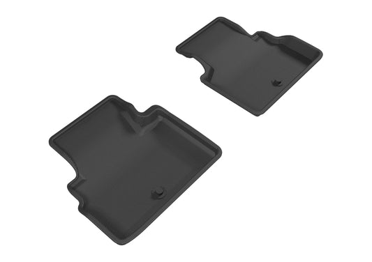 Black 3D MAXpider rubber floor mats for 2017-2019 Infiniti Q60 Kagu second row, showing textured surface and custom fit.