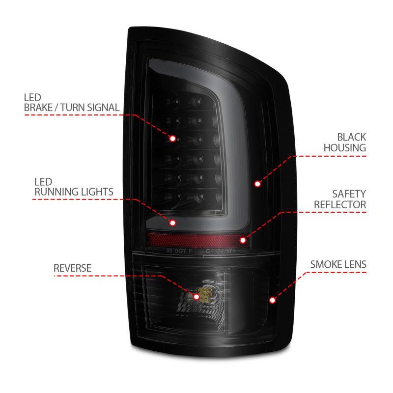 ANZO LED tail lights for Dodge Ram 1500 2002-2006 with black housing and smoke lens, featuring integrated light bar.