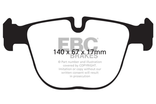EBC 10+ BMW X5M 4.4 Twin Turbo Redstuff performance rear brake pads, showing the red friction material and metal backing plate.