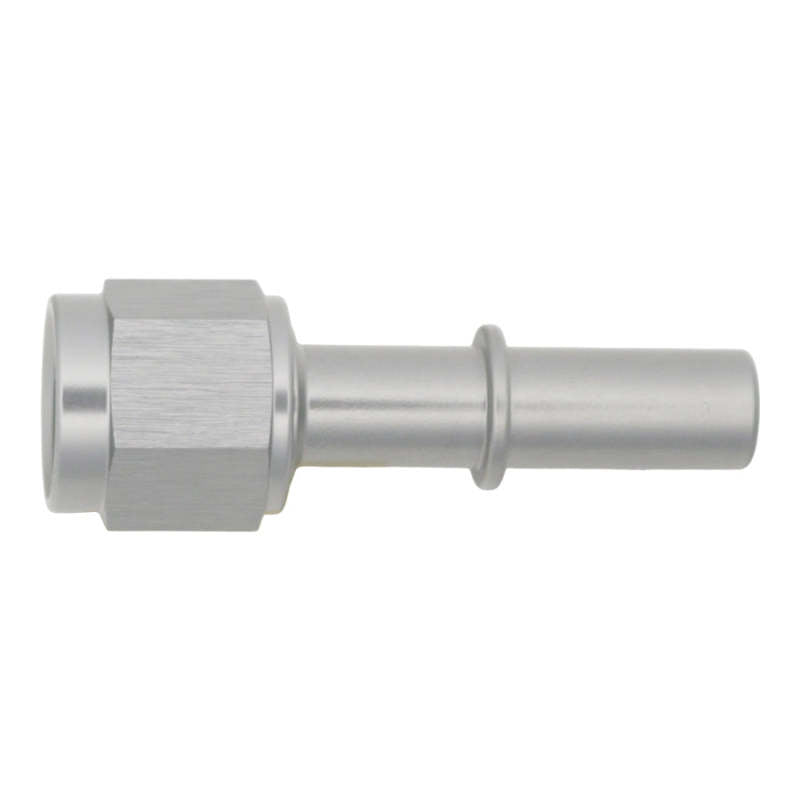 DeatschWerks 6AN female flare swivel fitting to 3/8 inch male EFI quick disconnect, anodized titanium fuel component for automotive use.