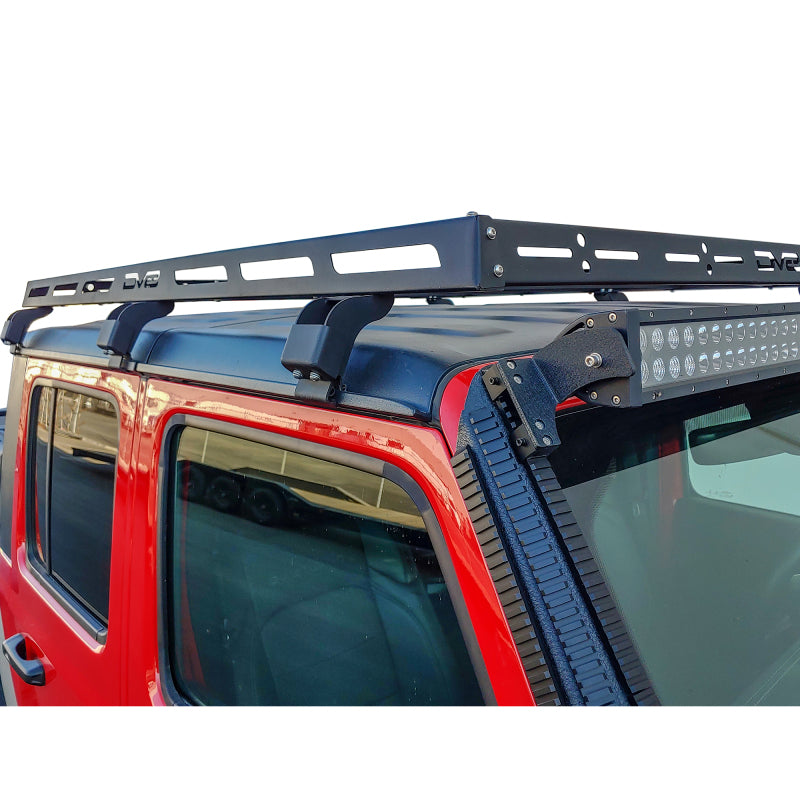 DV8 Offroad Jeep Wrangler JK, JL, Gladiator roof rack installed on vehicle with metal construction, black finish, and mounting points.
