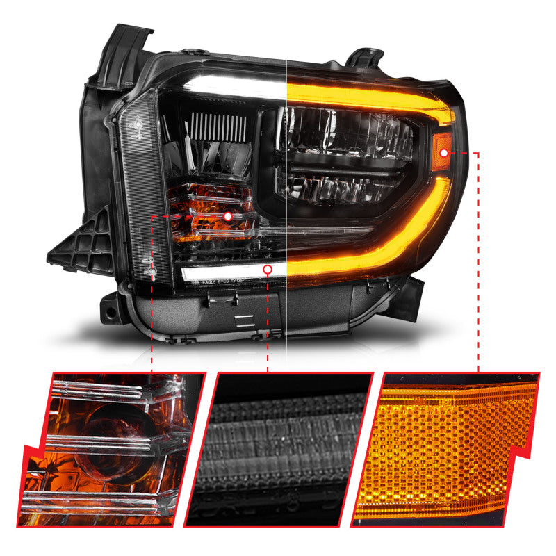 ANZO LED crystal headlights for 2014-2017 Toyota Tundra with switchback black housing and daytime running lights in a close-up image.