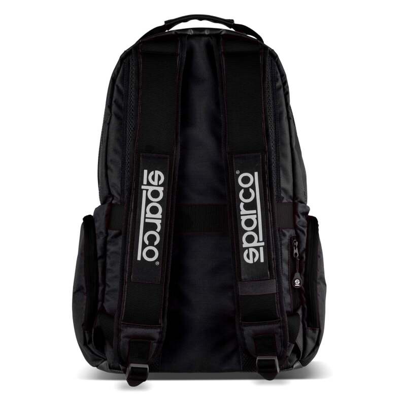 Black and blue Sparco Super Stage backpack with multiple compartments and adjustable straps, designed for sporty, casual use.