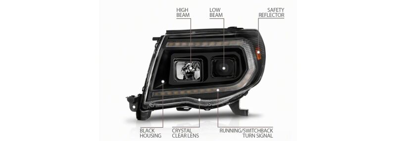 Raxiom black housing projector headlights with clear lens for 2005-2011 Toyota Tacoma, featuring switchback LED turn signals.
