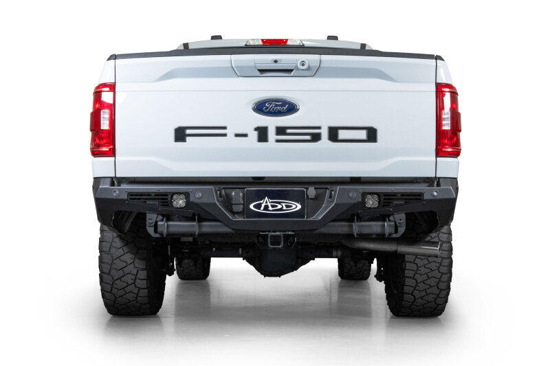 Addictive Desert Designs steel rear bumper for 2021-2023 Ford F-150 bomber style, rugged automotive bumper with durable steel construction.