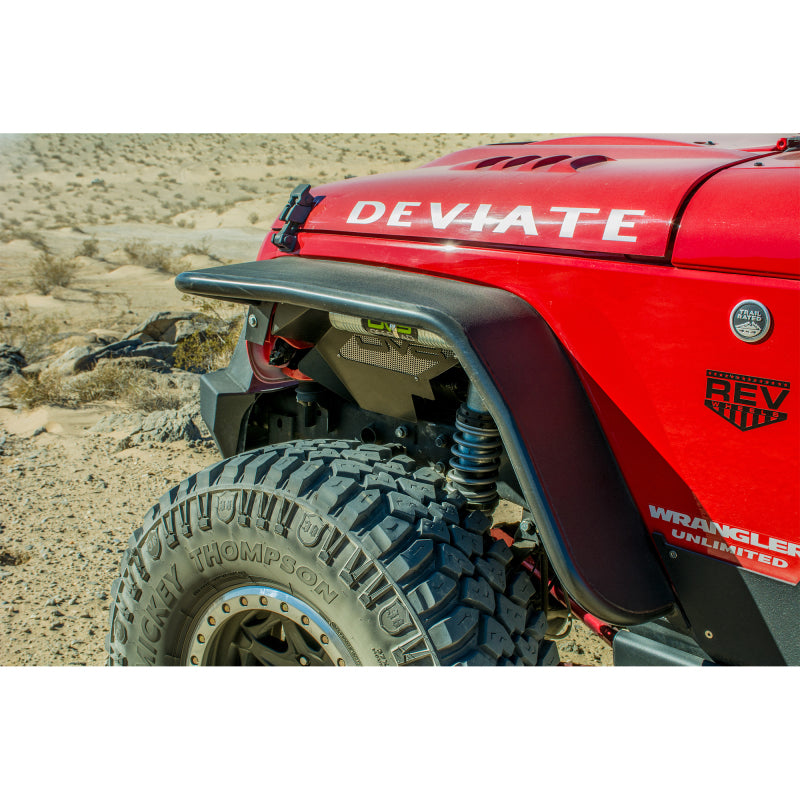 DV8 Offroad Jeep Wrangler JK front and rear flat tube fenders, durable black metal with mounting hardware visible.
