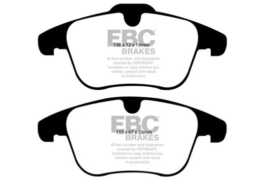 EBC Redstuff front brake pads for Volvo S60 2.5 Turbo T5, performance brake pads with 300mm front rotors, high-performance braking.