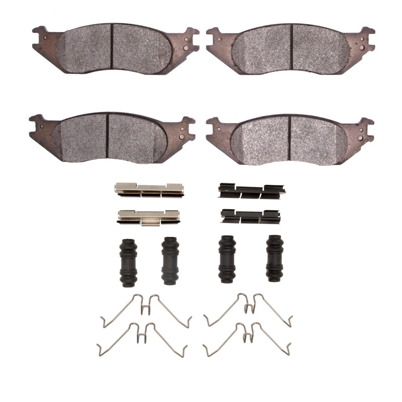 R1 Concepts Ford Econoline 2004-2006 front performance brake pads and hardware kit with metal backing plates and mounting hardware.