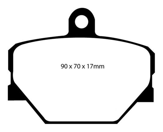EBC 08+ Smart Fortwo 1.0 Redstuff performance front brake pads with red friction material, designed for enhanced braking.