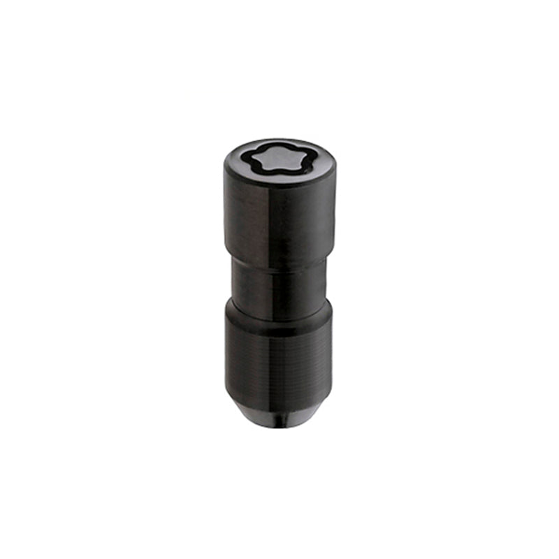 Black McGard wheel lock nut set with four cone seat lug nuts, M14x2.0, 13/16 hex, 2.25-inch length for secure vehicle wheels.