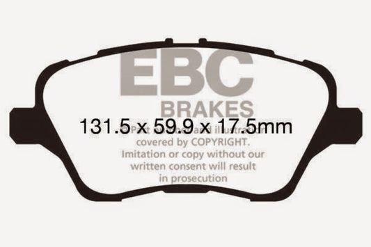 EBC 13+ Ford Fiesta 1.6 Turbo ST Redstuff front brake pads, high-performance automotive brake pads with red friction material
