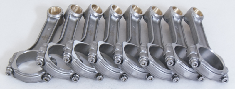 Eagle Chevrolet 350/400 SB forged 5140 steel I-beam connecting rods for 8-cylinder engines, set of 8, shown in image.