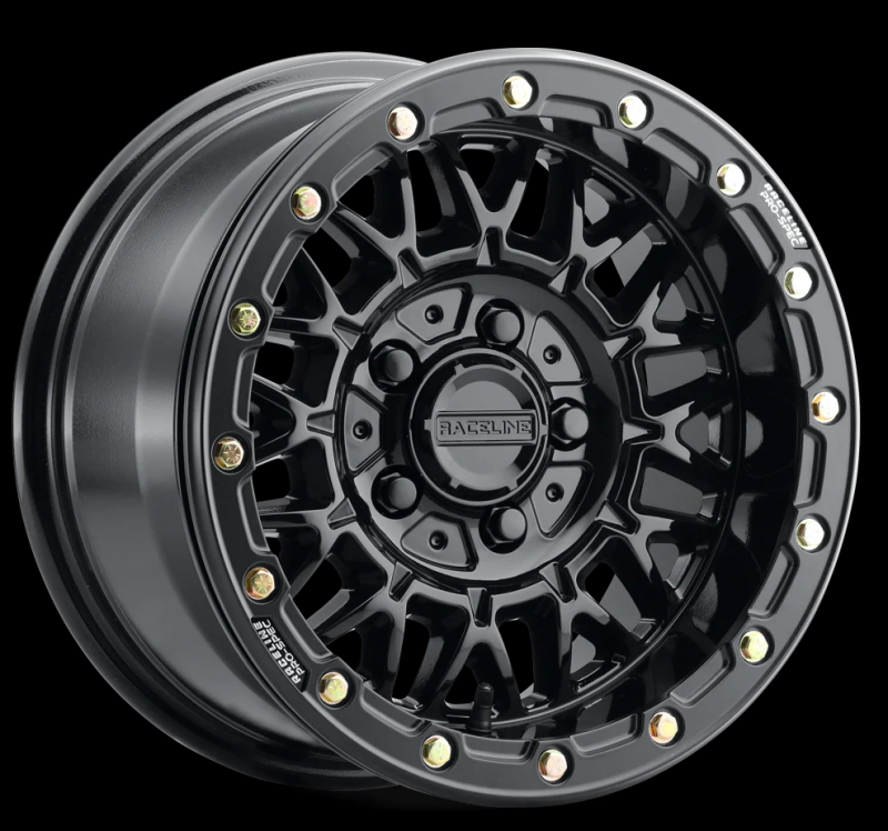 Raceline A15 Omega forged 15x7 inch gloss black wheels with 5x114.3 bolt pattern, 25mm offset, 68mm bore.