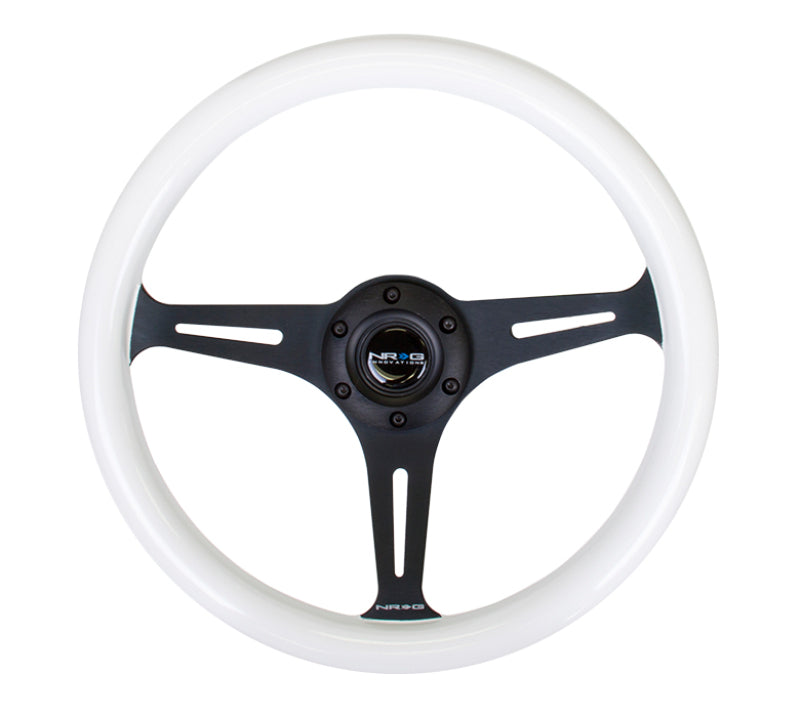 NRG Classic wood grain steering wheel with glow-in-the-dark green grip, 350mm diameter, black 3-spoke center, racing style.