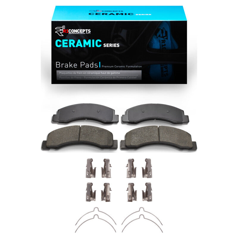 Ford Excursion 1999-2005 R1 Concepts ceramic brake pads and hardware kit for front OE replacement, shown in image.