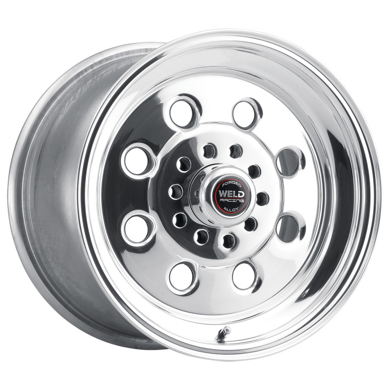 Polished Weld Draglite 15x9 forged wheel with 5x114.3 bolt pattern, 6.5 inch backspacing, and 3.18 inch hub bore.