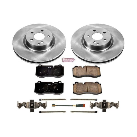 PowerStop OE front brake kit for Mercedes-Benz CL550 2007-2008, showing brake rotors and pads installed on vehicle.