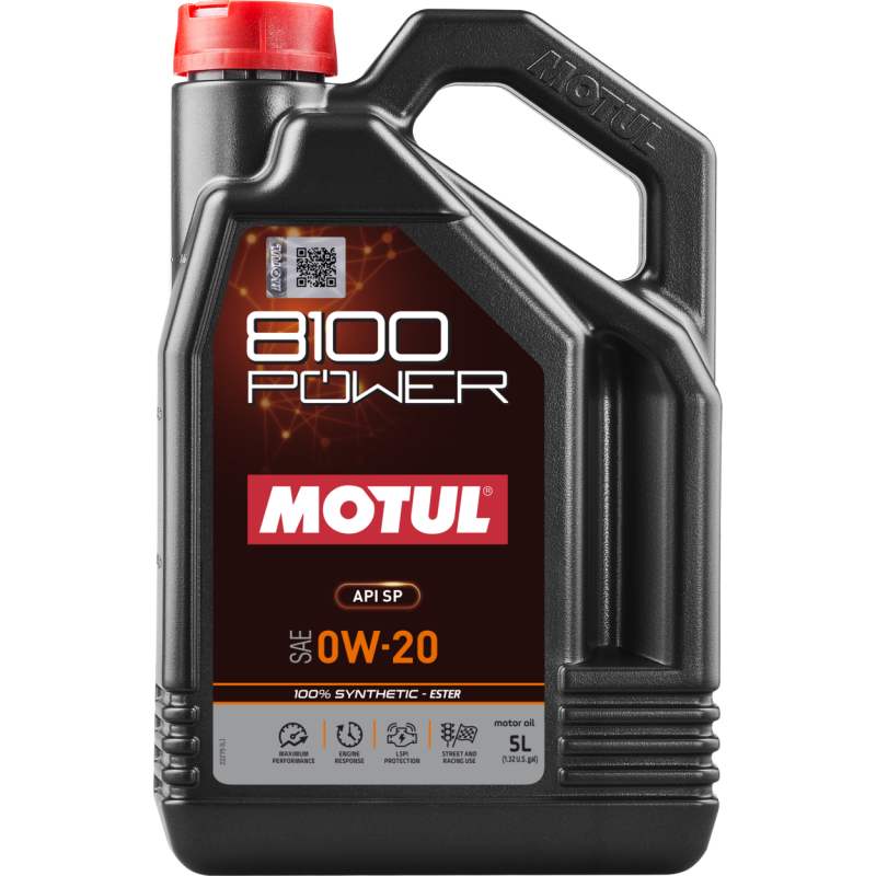 Motul 5L 8100 Power 0W20 full synthetic engine oil container for vehicle engine lubrication.
