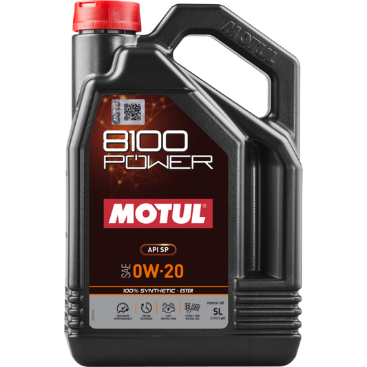 Motul 5L 8100 Power 0W20 full synthetic engine oil container for vehicle engine lubrication.