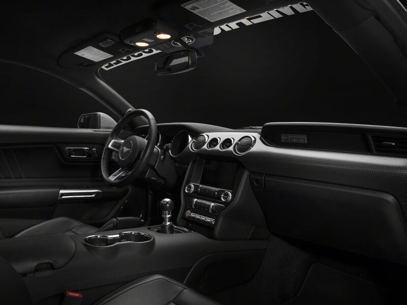 Raxiom Ford Mustang Stage 2 LED map light conversion kit with light bars and cubes for 2015-2023 models.