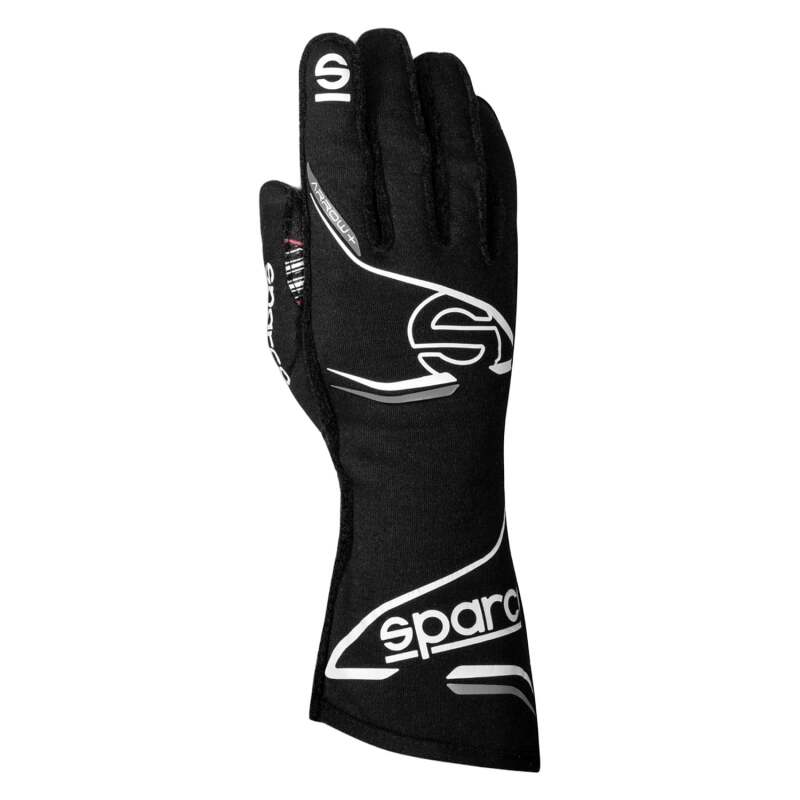Black and white Sparco Arrow+ 10 racing gloves with racing grip and adjustable wrist closure, designed for motorsport driving.