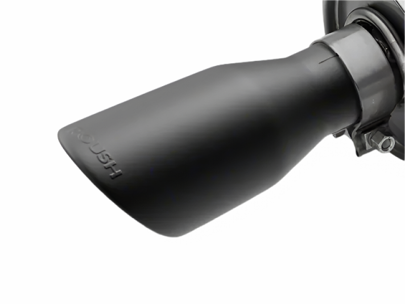 Roush Mustang GT axle back exhaust with black tips installed on a 2015-2017 Ford Mustang GT, showing the sleek black-tipped muffler.