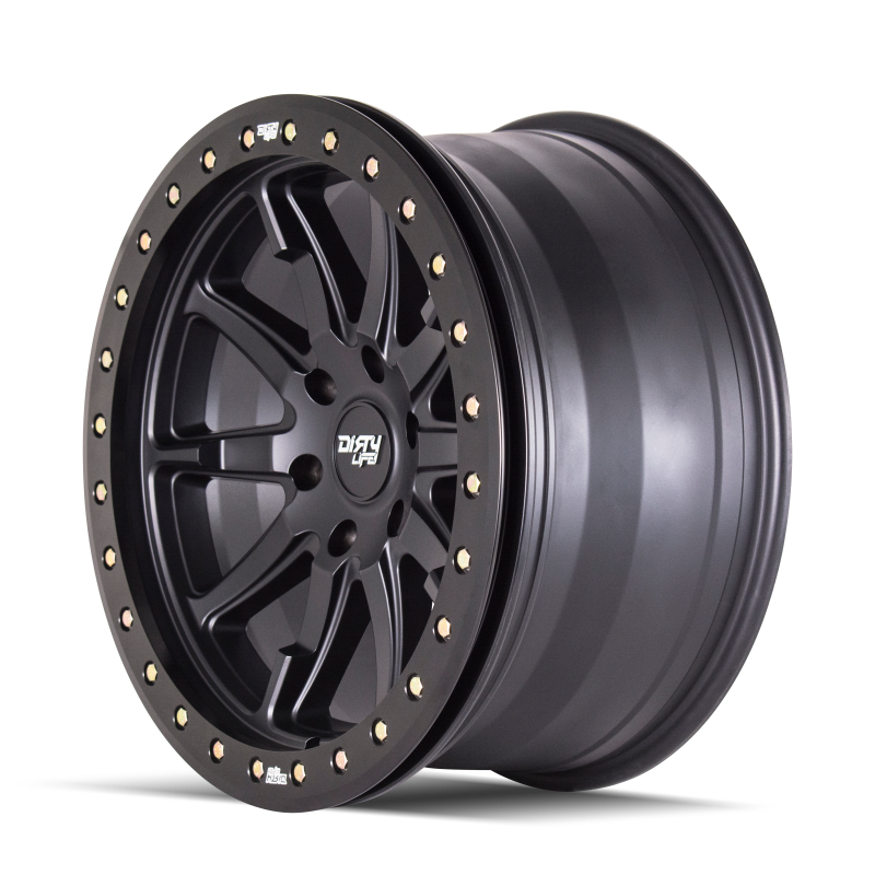 Dirty Life DT-2 20x9 matte black cast wheel with beadlock, 5x139.7 bolt pattern, 12mm offset, and 87.1mm hub.