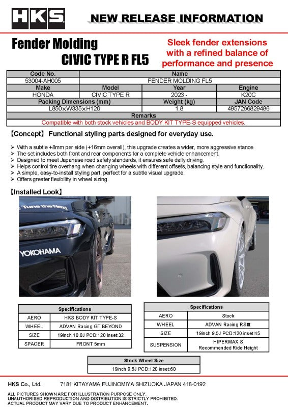 HKS FL5 Fender Molding for body kits, close-up of black plastic trim on car fender with textured finish.