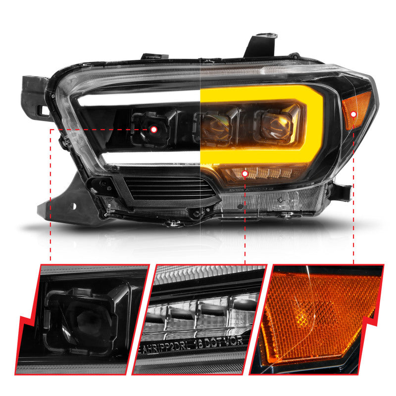 ANZO LED projector headlights with light bar for 2016-2022 Toyota Tacoma, featuring black housing and sequential light design.