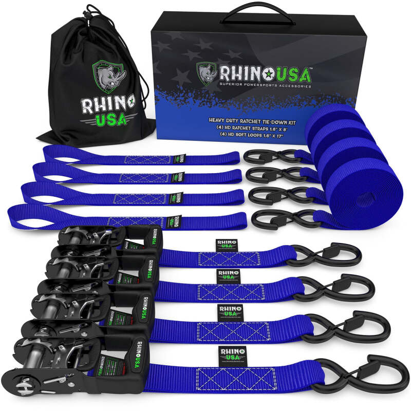 Set of four Rhino USA heavy-duty blue ratchet tie-downs for cargo securing, 1.6-inch by 15-foot straps with metal hooks.