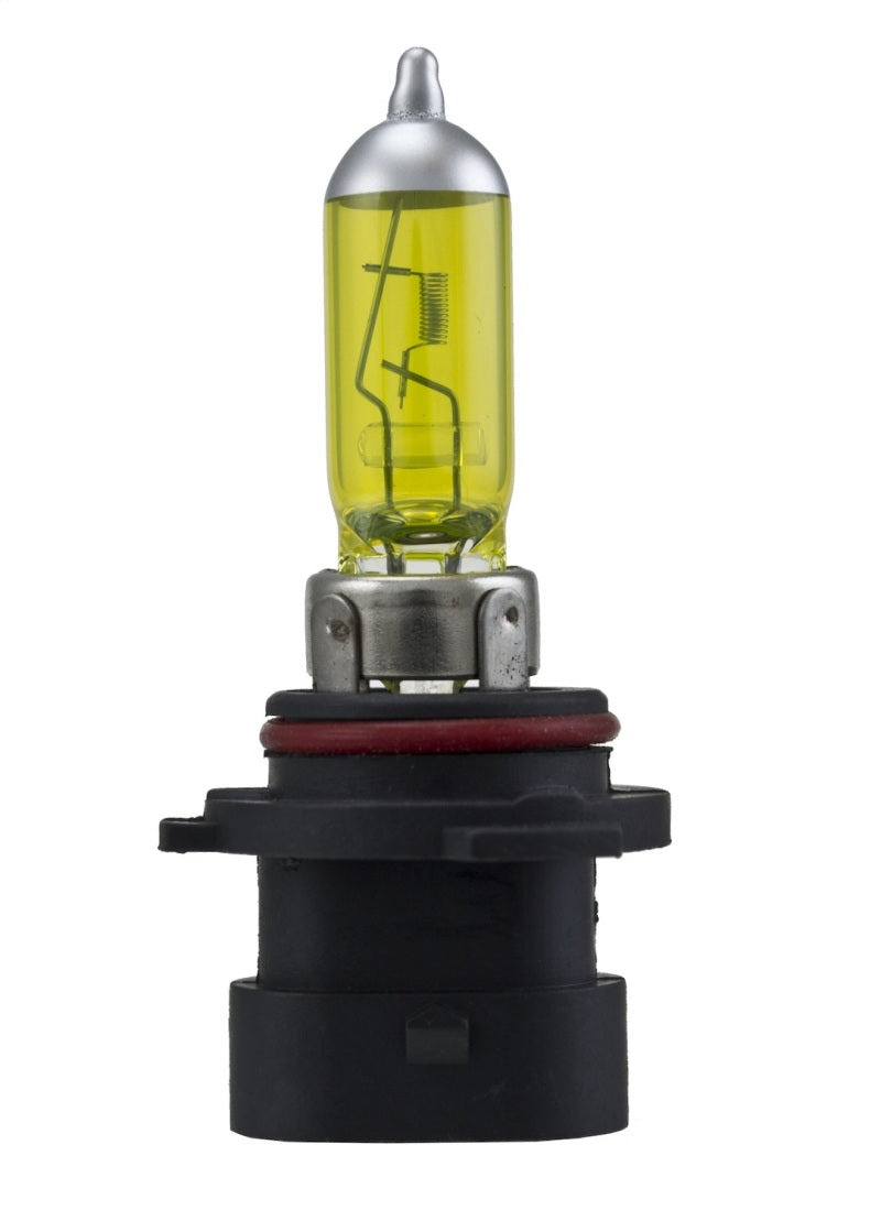 Hella 9006XS 12V 55W Xen Pure Yellow automotive bulbs, two yellow headlight bulbs with clear glass and metal bases.