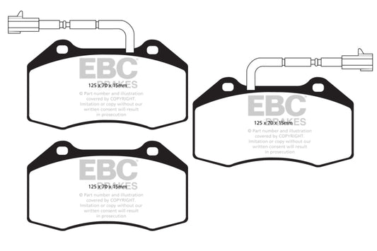 EBC 14+ Alfa Romeo 4C performance front brake pads in green, designed for turbocharged 1.75L engines.