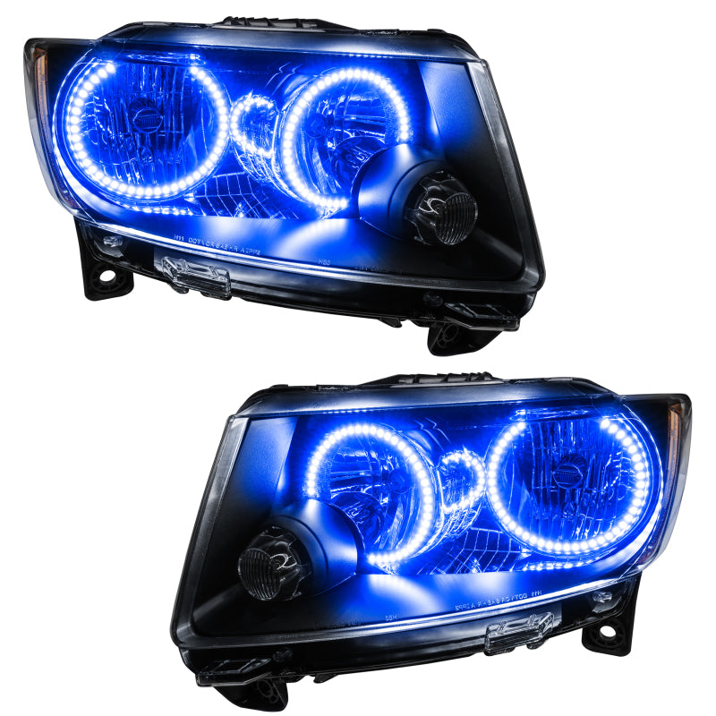Oracle Lighting Jeep Grand Cherokee Halo Headlights 11-13 Chrome with blue accents, pre-assembled non-HID headlights.