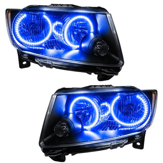 Oracle Lighting Jeep Grand Cherokee Halo Headlights 11-13 Chrome with blue accents, pre-assembled non-HID headlights.