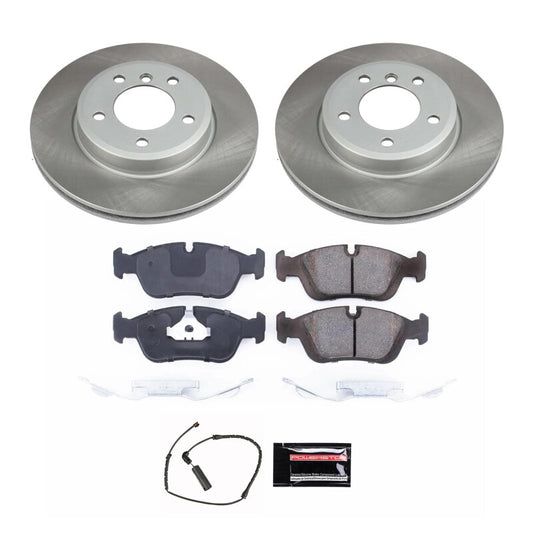 Power Stop front semi-coated rotor kit for BMW Z4 2003-2008, performance brake kit with blank rotors and mounting hardware.