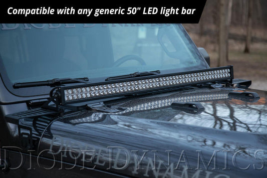 Diode Dynamics Jeep JL Wrangler/Gladiator hood bracket kit for light bars and cubes, showing metal mounting hardware and installation parts.