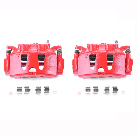 Pair of PowerStop 2017 Chrysler Pacifica front red performance brake calipers with brackets, shown in a detailed close-up image.