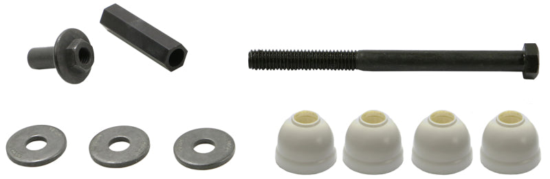 Moog Dodge B100 front sway bar endlink, automotive suspension part, showing metal link with rubber bushings for stability.