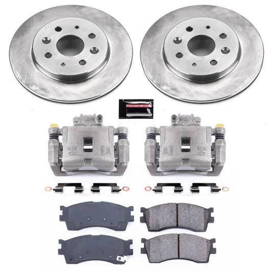 PowerStop OE front brake kit with calipers for Kia Rio 2003-2005, includes brake rotors and pads for reliable stopping power.