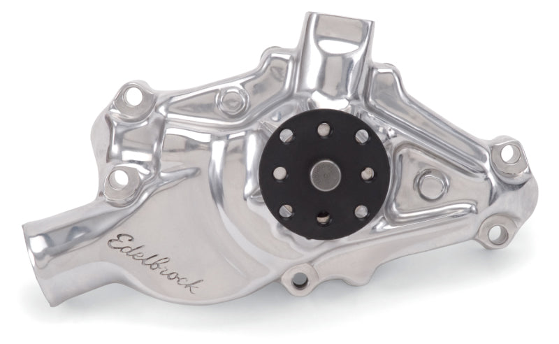 Polished Edelbrock high performance water pump for Chevrolet 350 V8 engine, short style with durable construction.