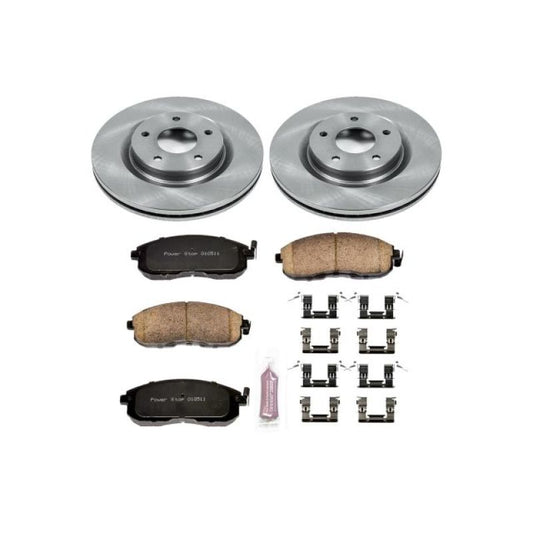 PowerStop OE front brake kit for Nissan Juke (2011-2017) with brake rotors and calipers installed on a vehicle.