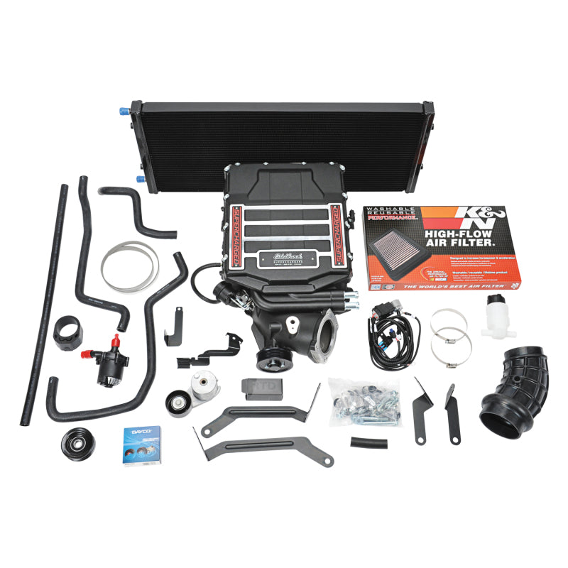Edelbrock Supercharger for 2019-2021 GM Truck/SUV 6.2L R2650 DP3C with tuner, showing the polished supercharger unit and components