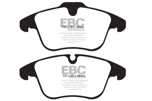 EBC Redstuff front brake pads for Jaguar XF 2.0 Turbo, high-performance brake pads with red friction material for improved stopping power.