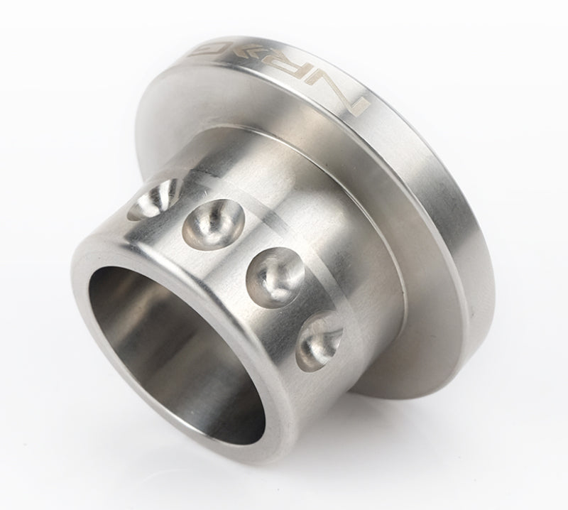 NRG stainless steel short spline adapter with 3/4 keyway for marine steering wheel hub, tapered shaft for secure fit.