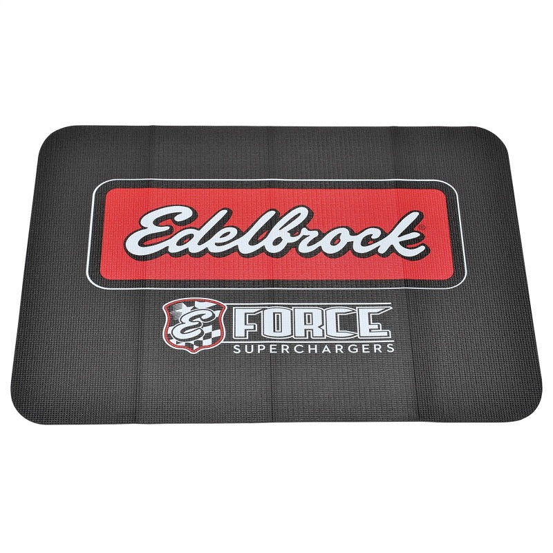 Edelbrock Racing Fender Cover made of PVC foam with printed Edelbrock logo and dual-color design, designed for automotive hardware protection.