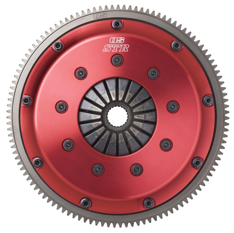 OS Giken Mazda RX8 13B-MSP STR Series twin plate clutch kit with soft diaphragm, shown installed in engine bay.