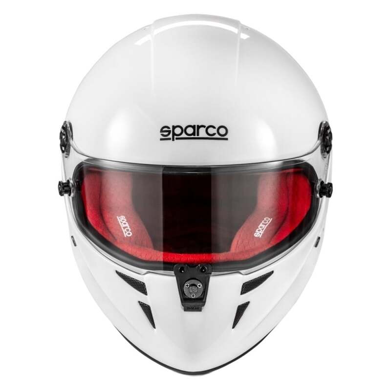 SPARCO Stealth RF helmet in white and red, X Large size, showing smooth aerodynamic design and secure chin strap.