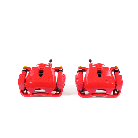 Pair of PowerStop front red brake calipers with brackets for 2009-2010 Pontiac Vibe, performance brake calipers shown in image.